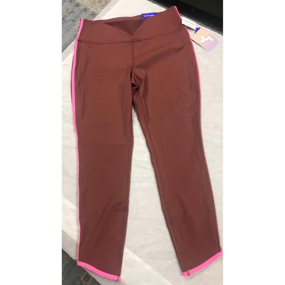 JoyLab‎ Womens High Rise Leggings Mahogany Brown Neon Pink Stripe XL NWT